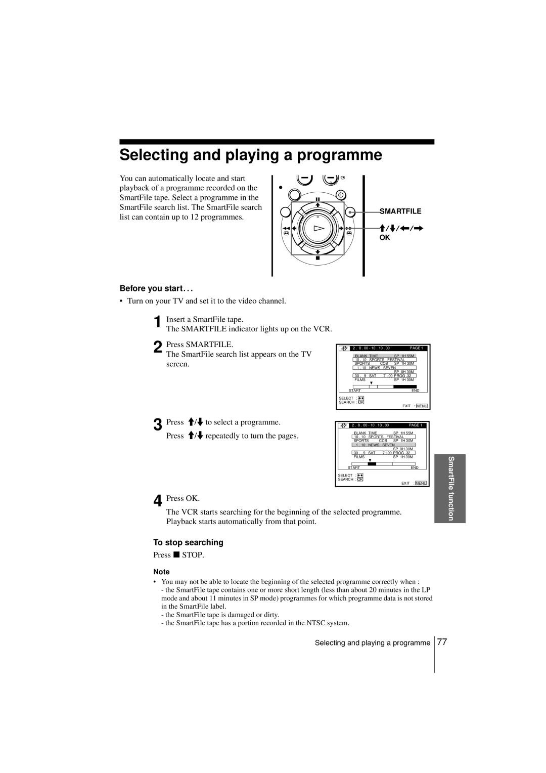 Sony SLV-SF900G manual Selecting and playing a programme, To stop searching 