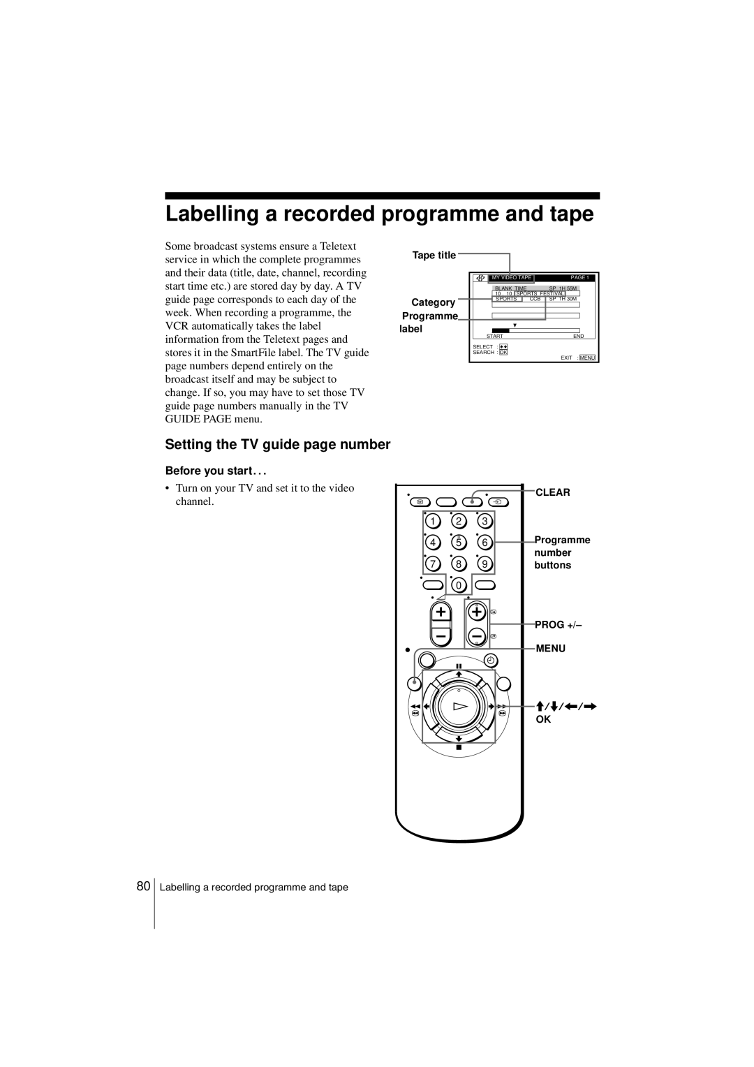 Sony SLV-SF900G manual Labelling a recorded programme and tape, Setting the TV guide page number, Tape title Category 