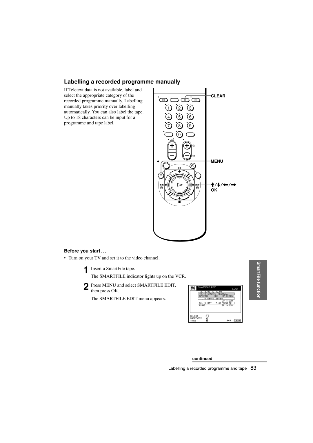 Sony SLV-SF900G Labelling a recorded programme manually, Smartfile Edit 