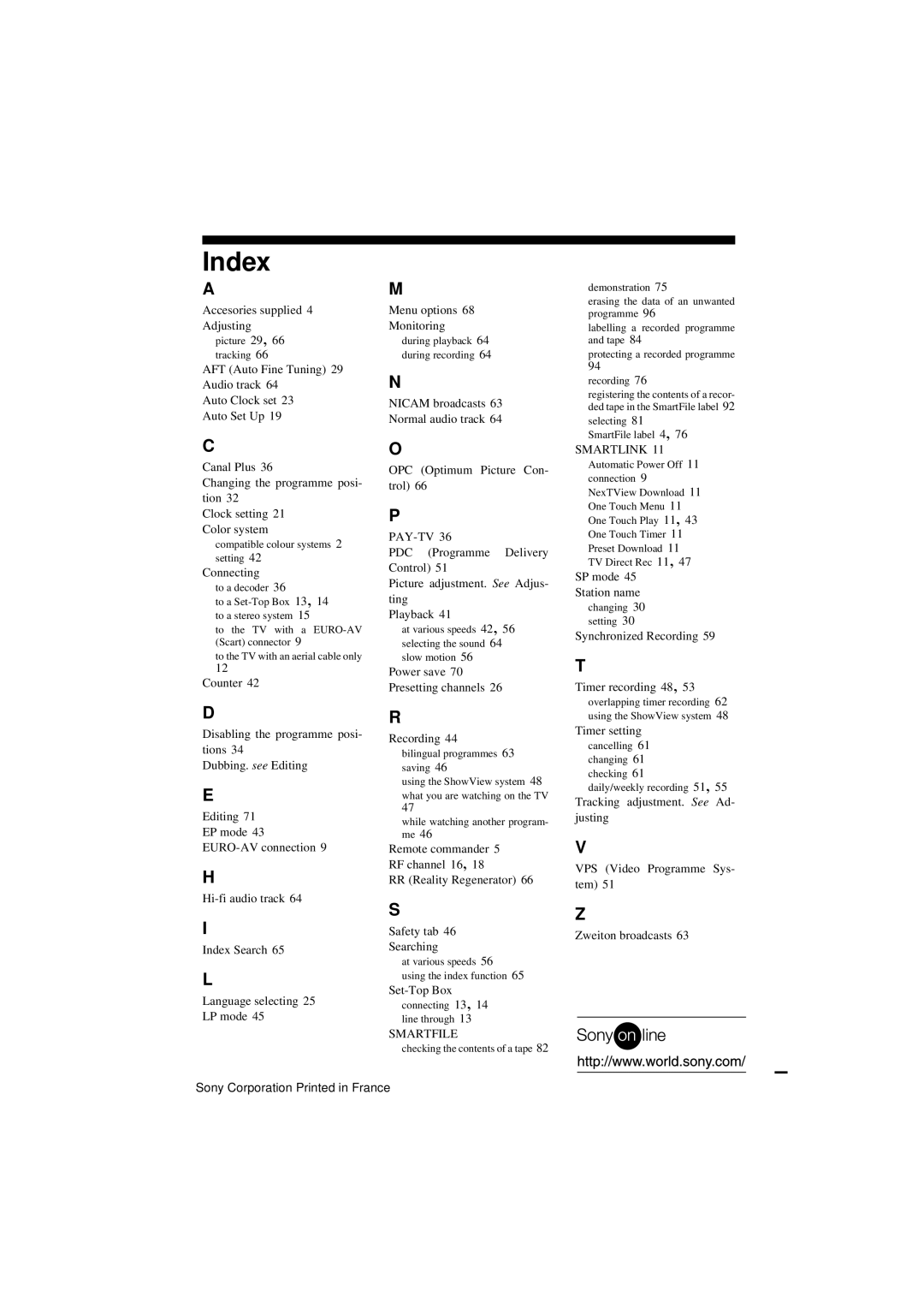 Sony SLV-SF950N manual Index, Connecting 