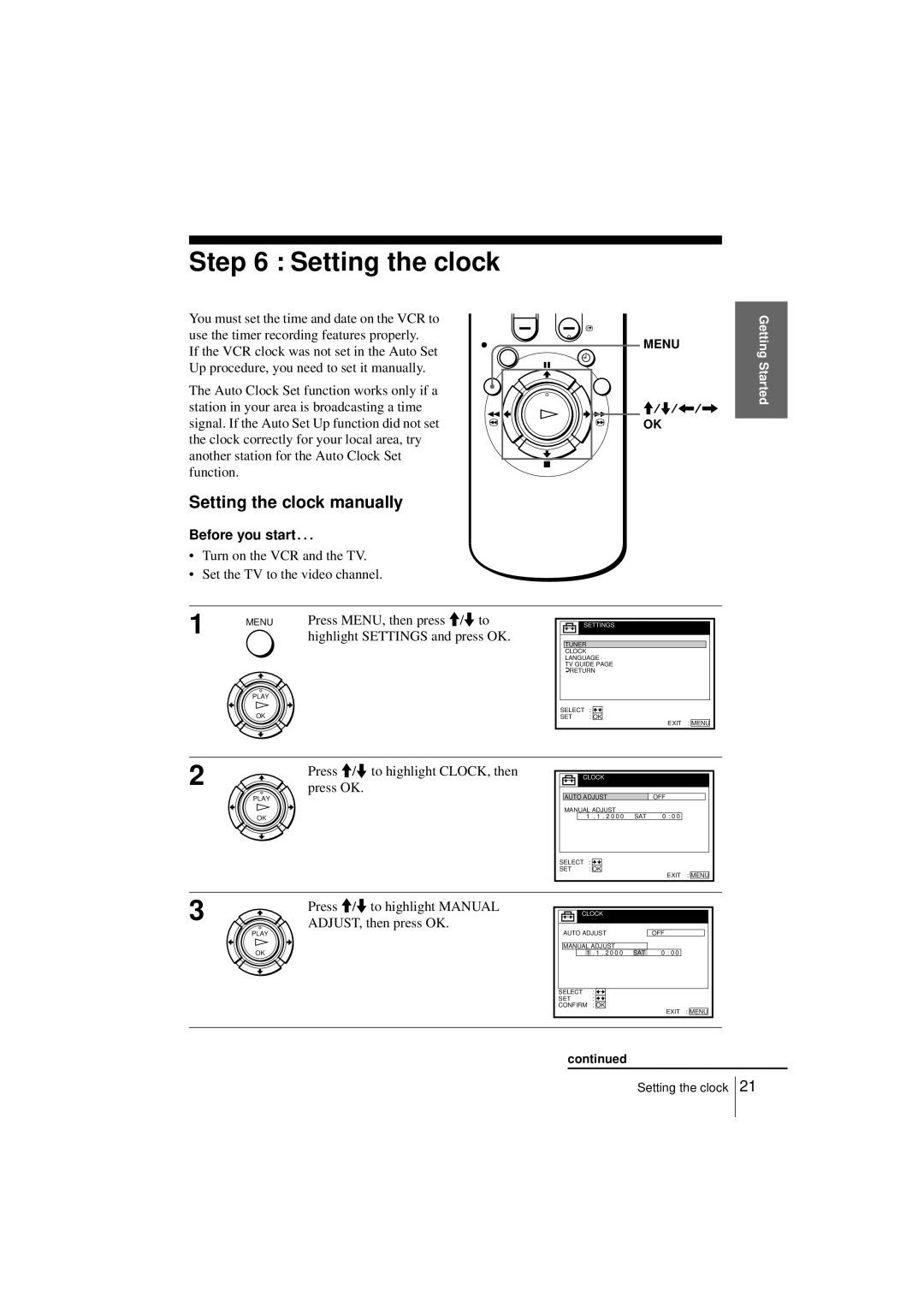 Sony SLV-SF950N Setting the clock manually, Before you start… 