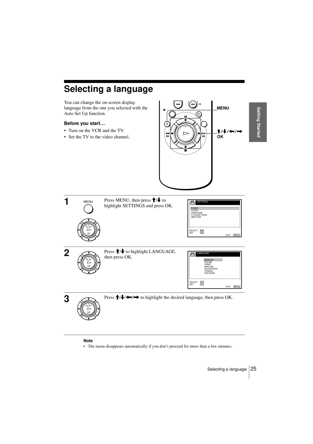 Sony SLV-SF950N manual Selecting a language, Press M/m to highlight LANGUAGE, then press OK 