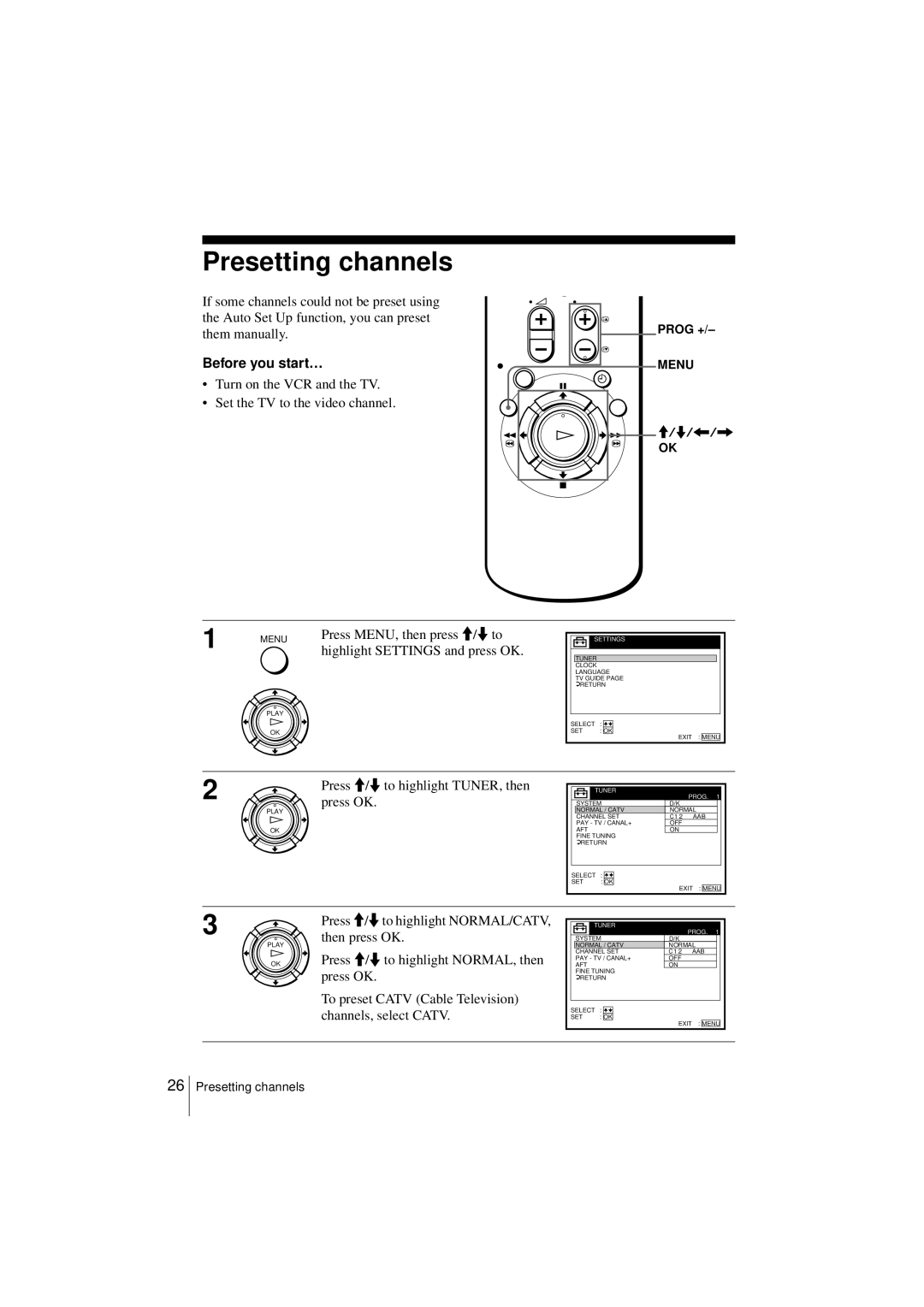 Sony SLV-SF950N manual Presetting channels, Press M/m to highlight TUNER, then press OK 