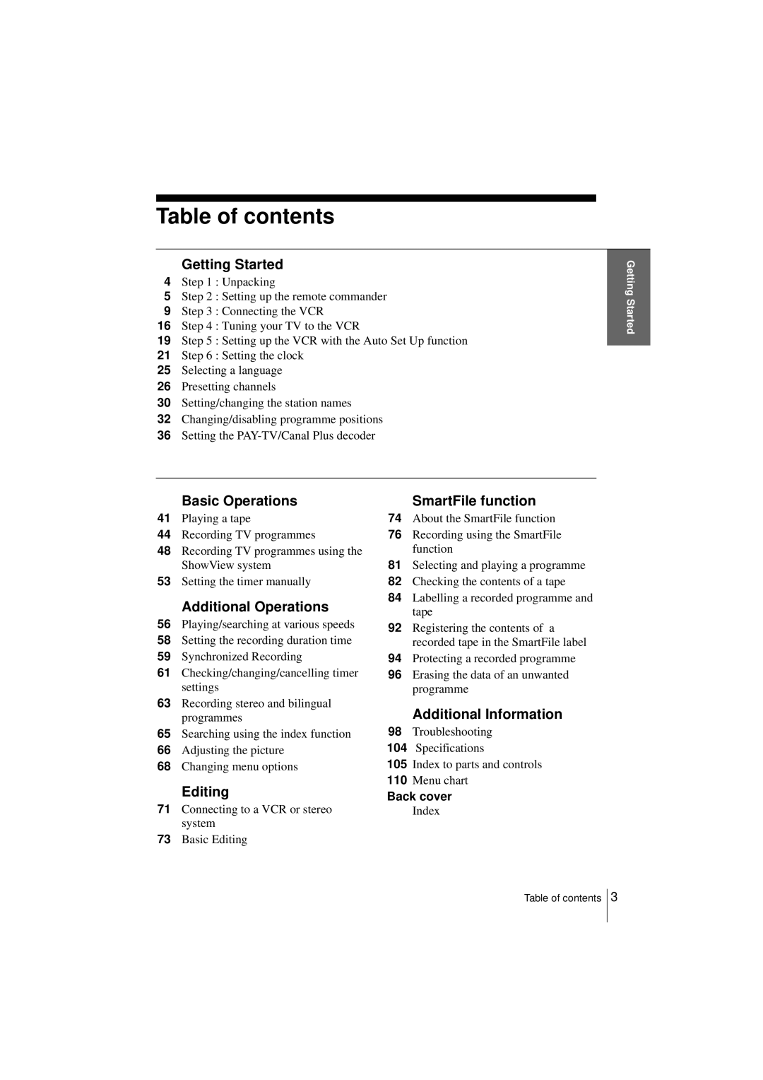 Sony SLV-SF950N manual Table of contents 