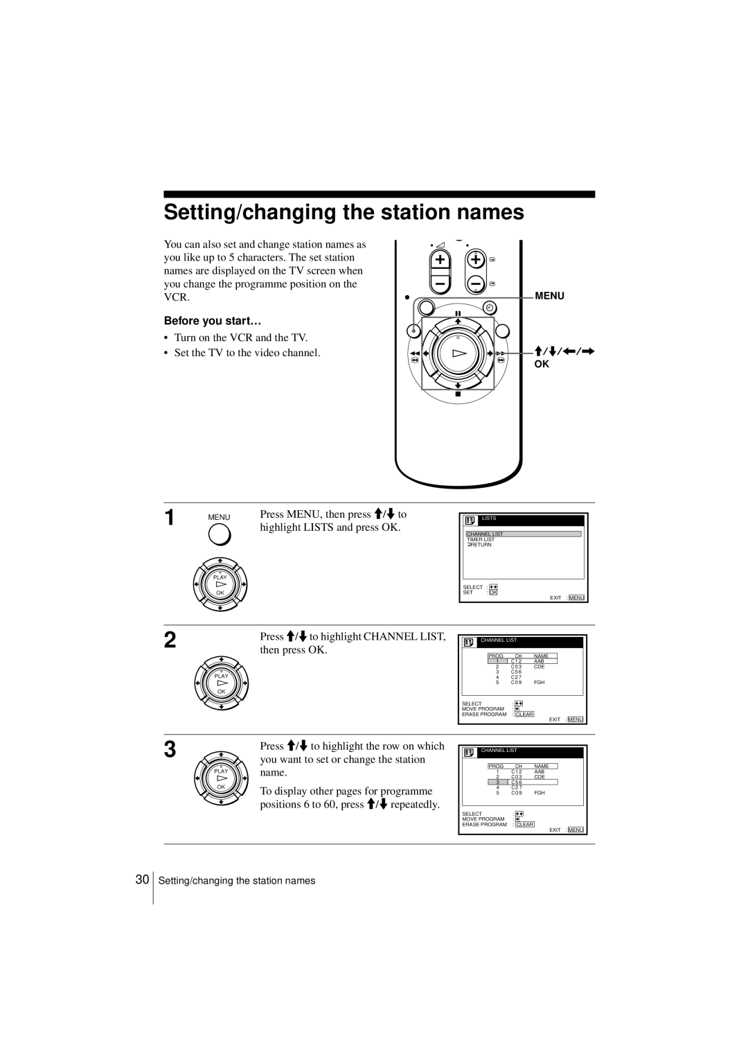 Sony SLV-SF950N manual Setting/changing the station names, Highlight Lists and press OK 