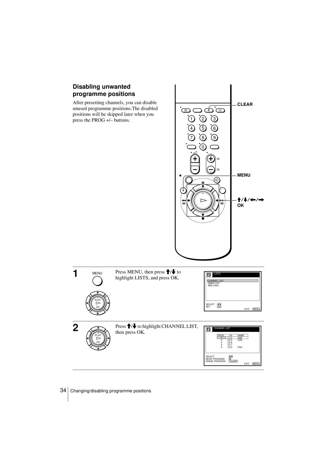 Sony SLV-SF950N manual Disabling unwanted programme positions, Highlight LISTS, and press OK 