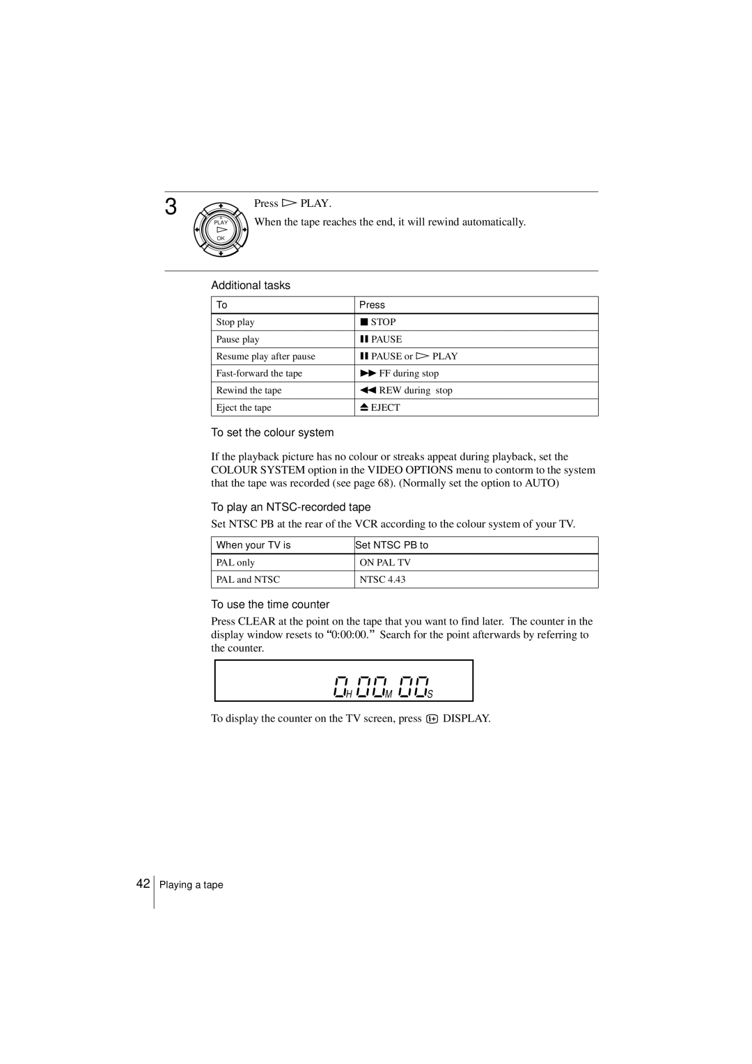 Sony SLV-SF950N manual Additional tasks, To set the colour system, To play an NTSC-recorded tape, To use the time counter 