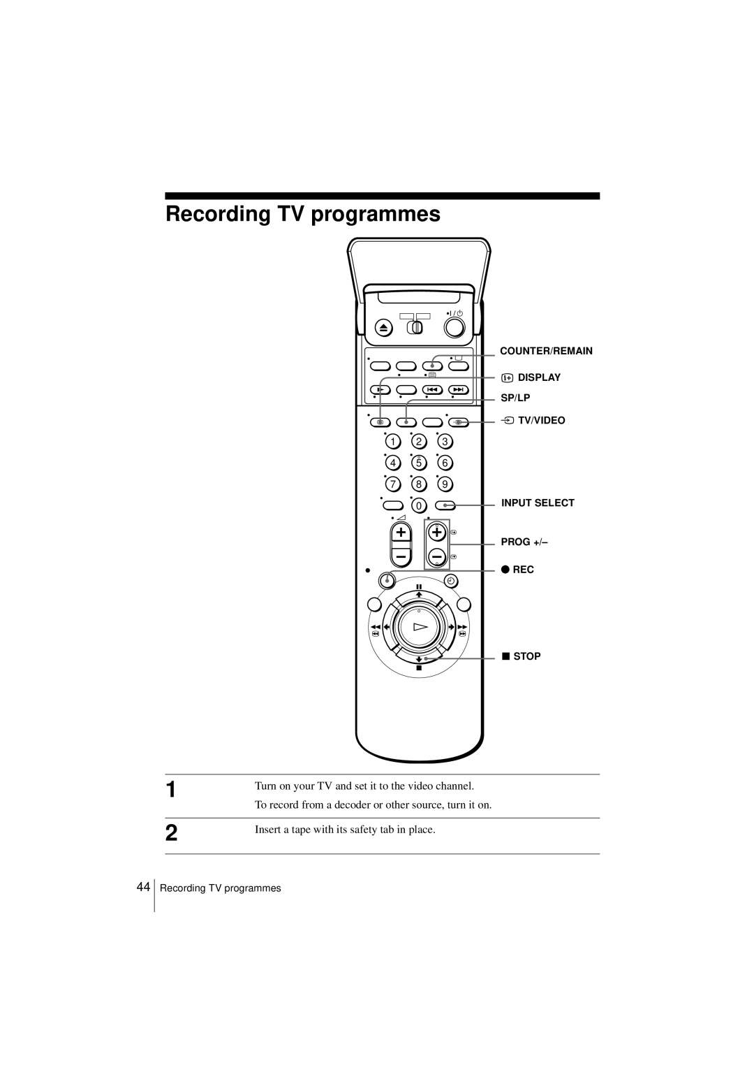 Sony SLV-SF950N manual Recording TV programmes, Prog + REC Stop 