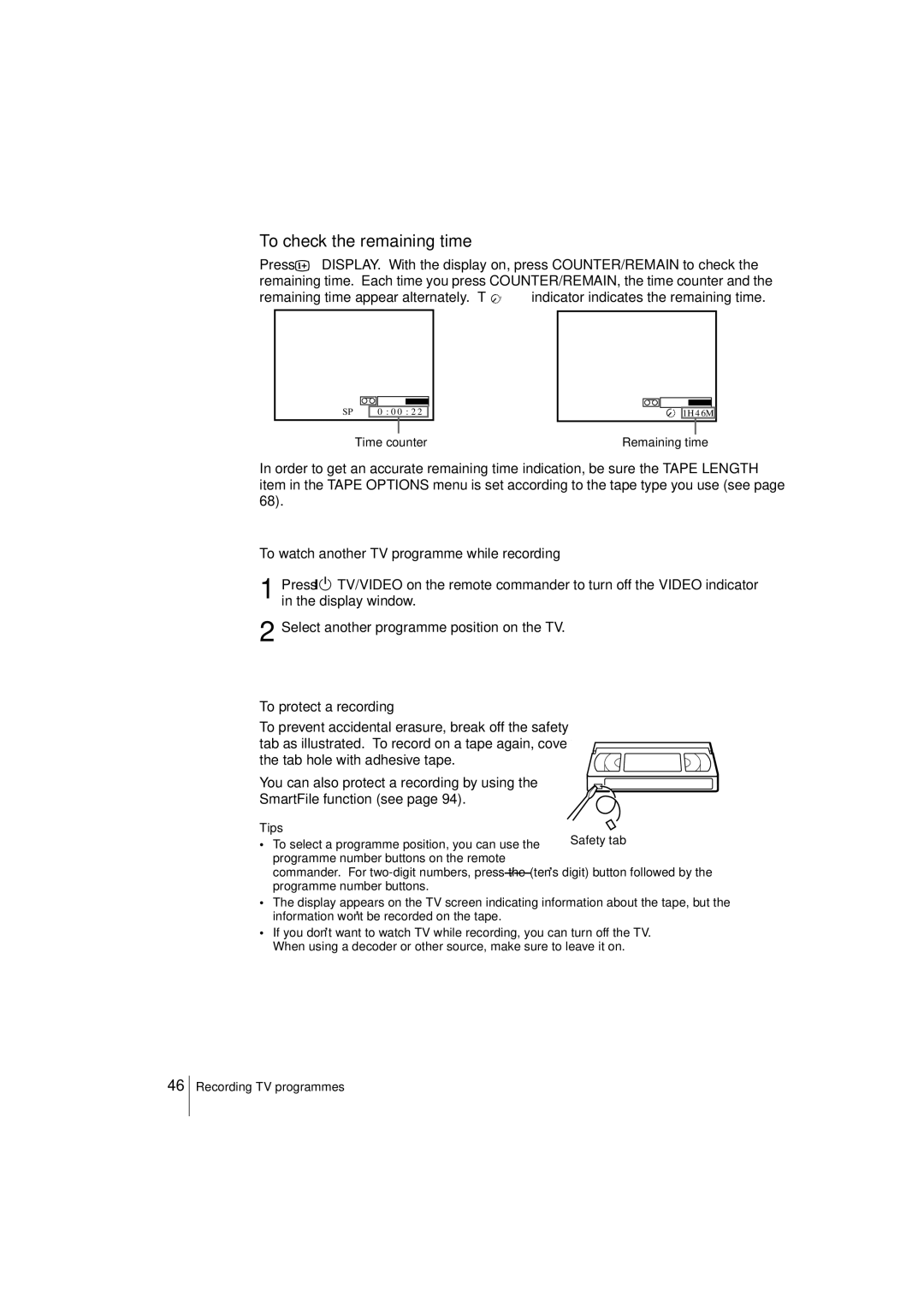 Sony SLV-SF950N manual To check the remaining time, To watch another TV programme while recording, To protect a recording 