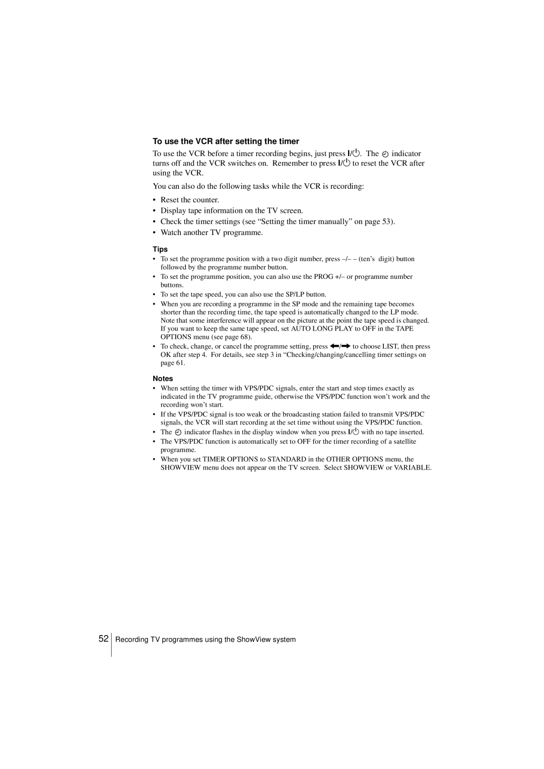 Sony SLV-SF950N manual To use the VCR after setting the timer, Tips 