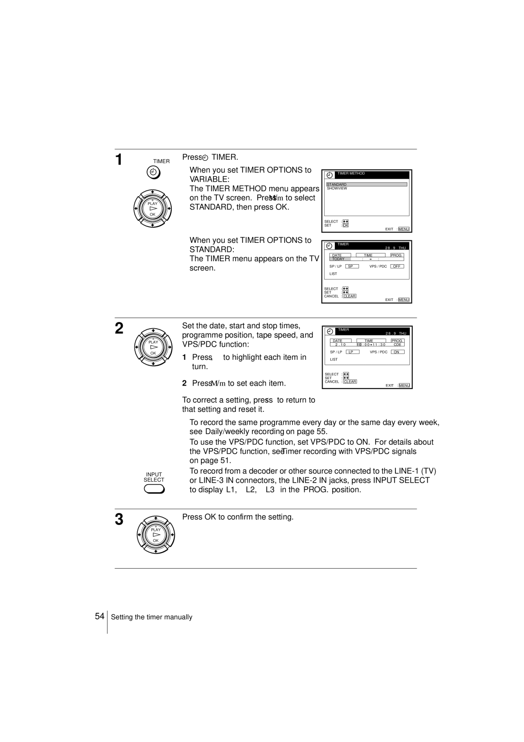 Sony SLV-SF950N manual Standard, Timer menu appears on the TV screen 