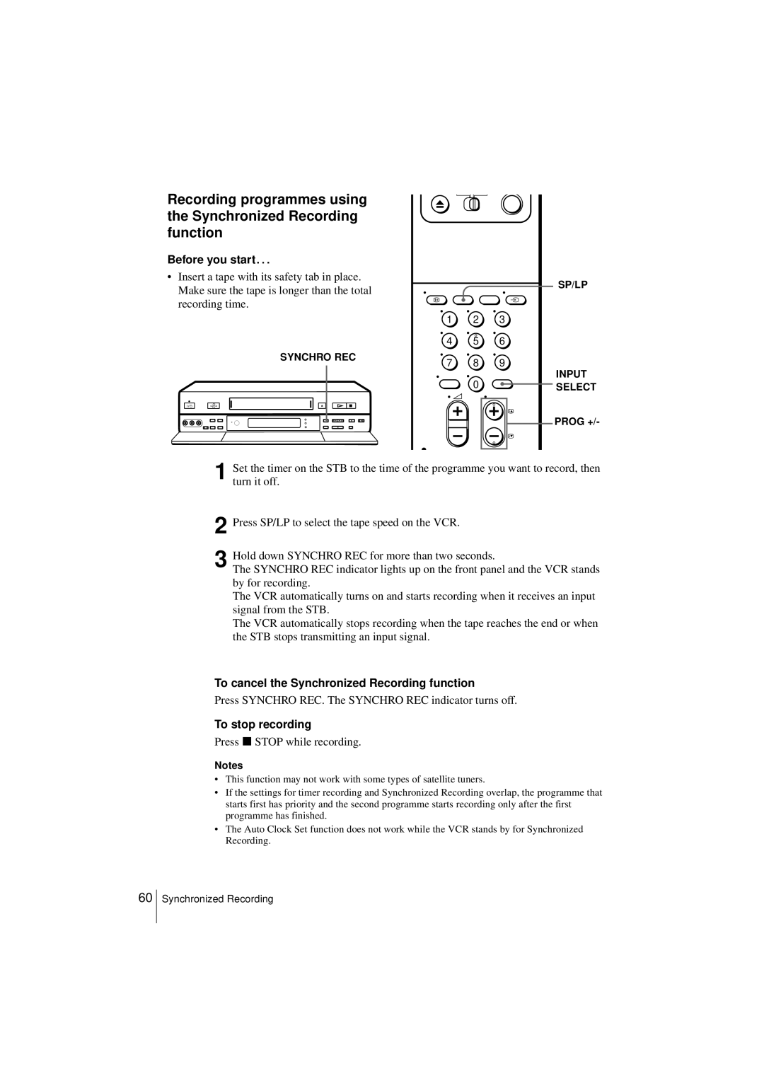 Sony SLV-SF950N To cancel the Synchronized Recording function, Press Synchro REC. The Synchro REC indicator turns off 