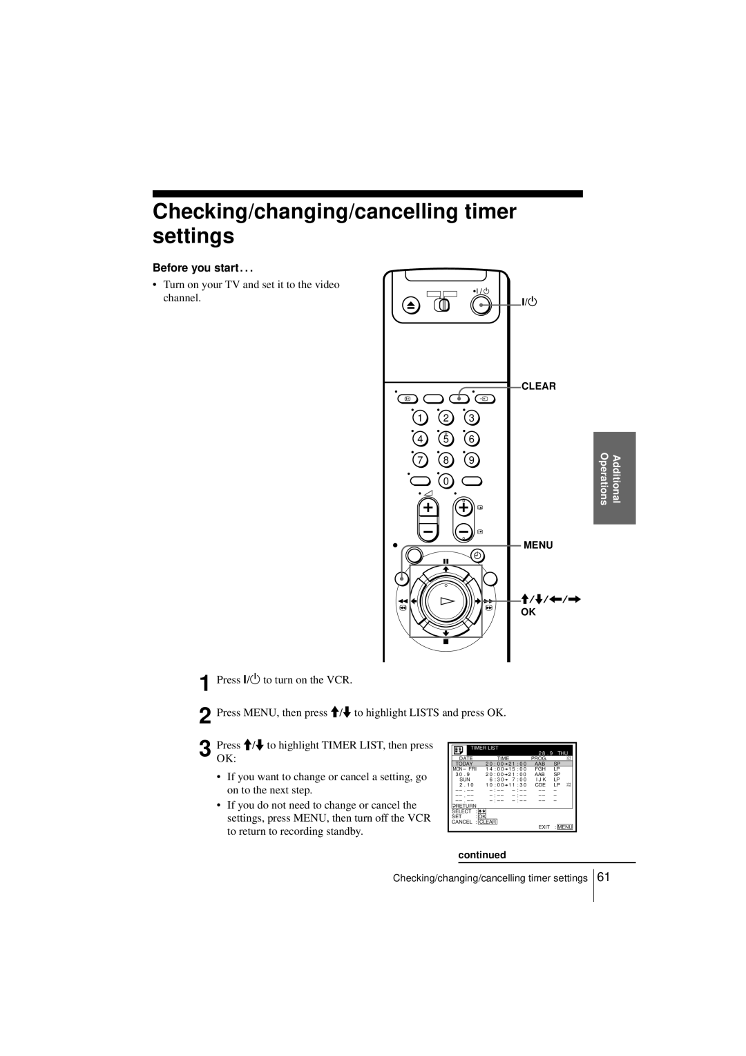 Sony SLV-SF950N manual Checking/changing/cancelling timer settings, Turn on your TV and set it to the video 