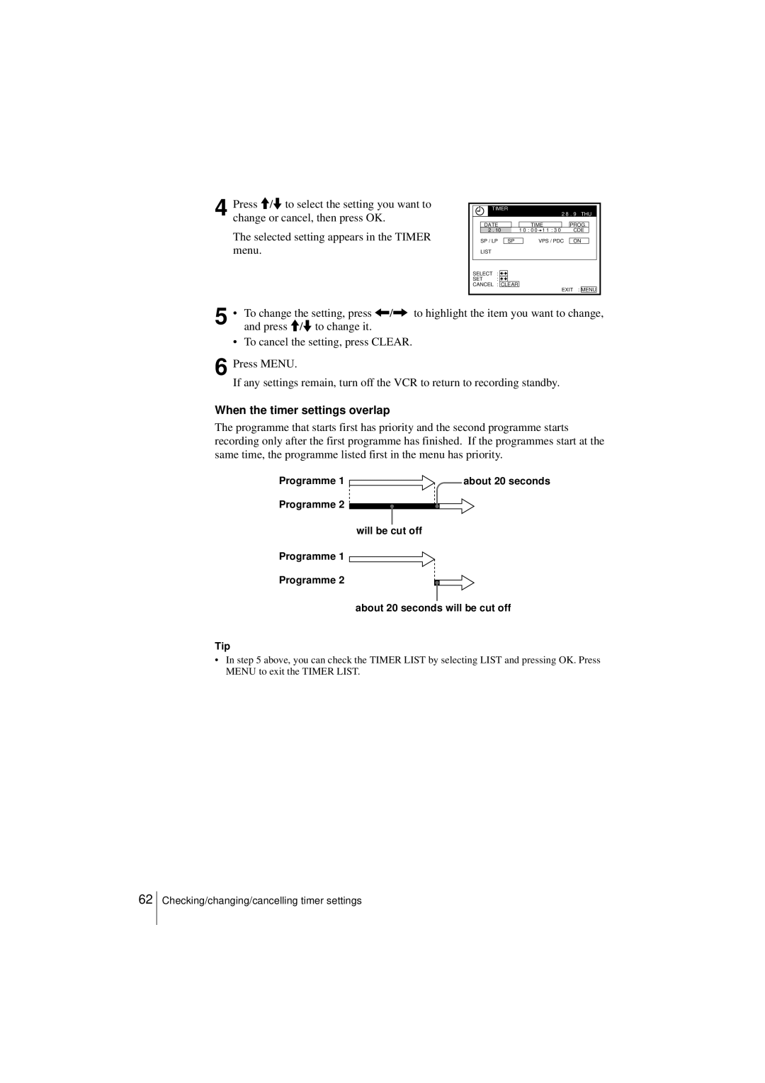 Sony SLV-SF950N manual When the timer settings overlap, Programme 