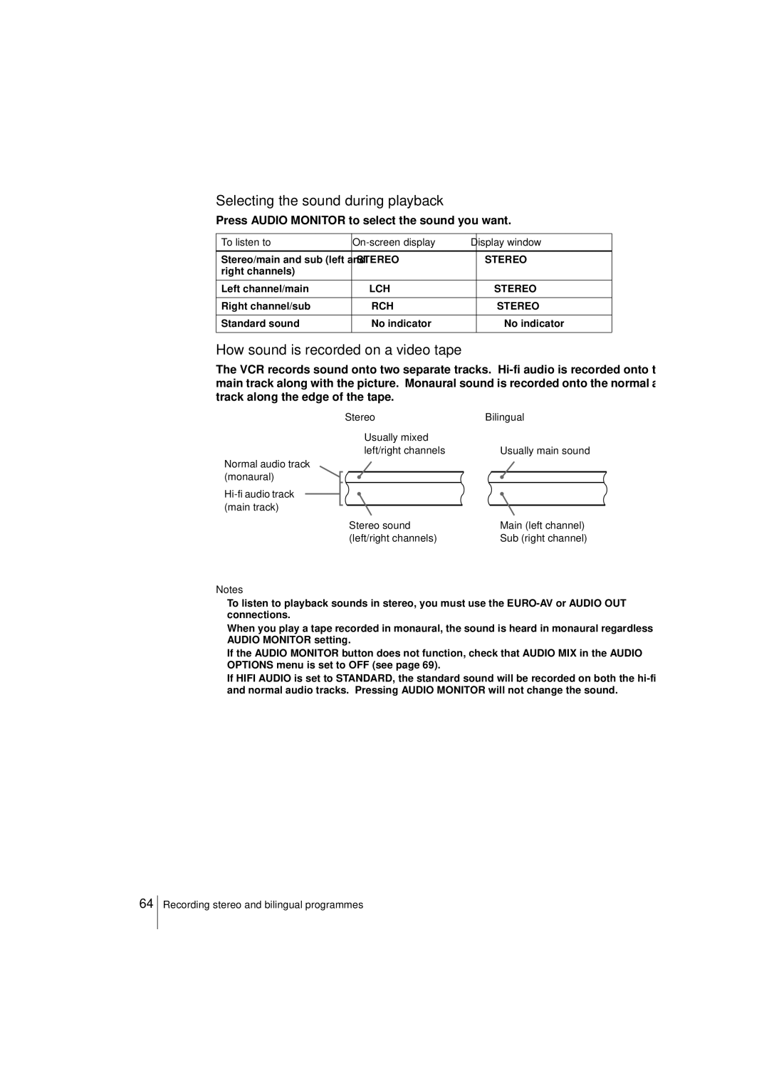 Sony SLV-SF950N Selecting the sound during playback, How sound is recorded on a video tape, Normal audio track monaural 