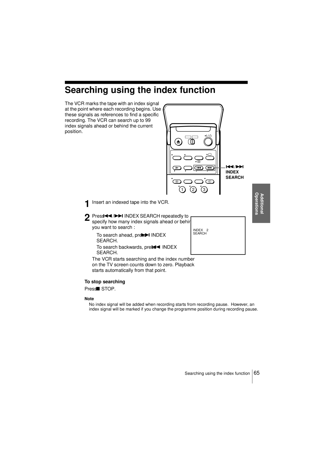 Sony SLV-SF950N manual Searching using the index function, To search ahead, press Index, To stop searching 