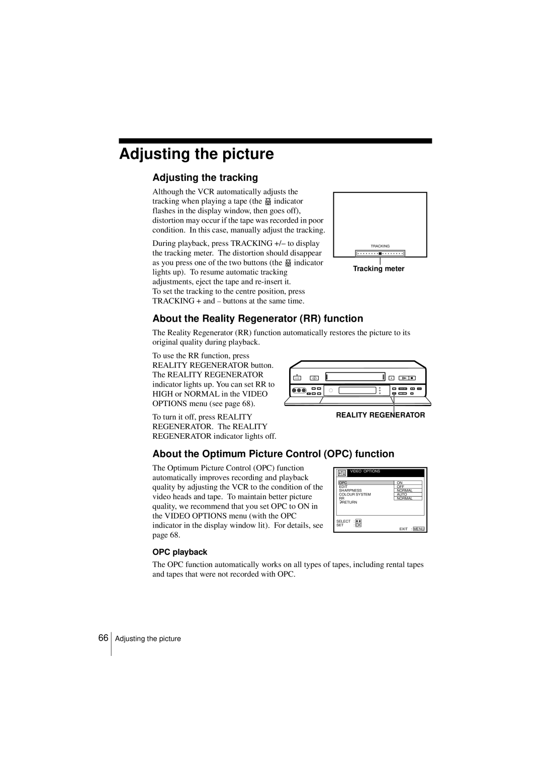 Sony SLV-SF950N Adjusting the picture, Adjusting the tracking, About the Reality Regenerator RR function, OPC playback 