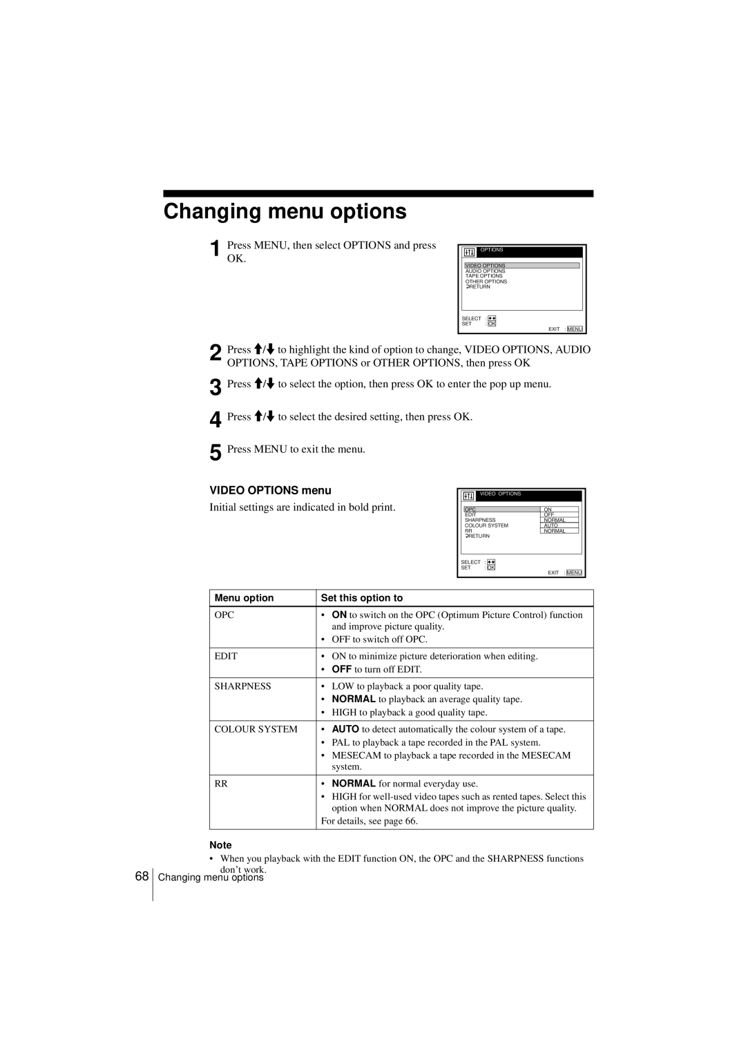 Sony SLV-SF950N manual Changing menu options, PressOK. MENU, then select Options and press, Video Options menu 