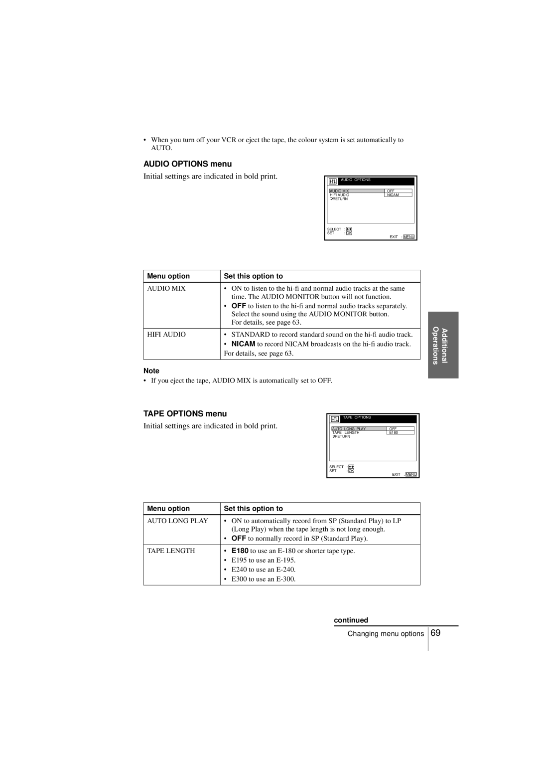 Sony SLV-SF950N manual Audio Options menu, Tape Options menu 