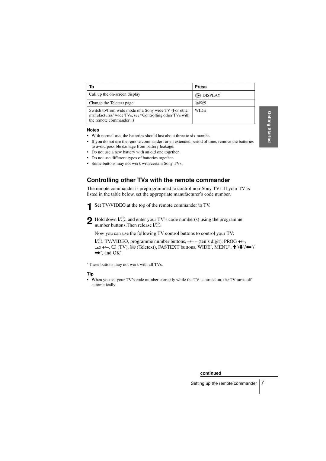 Sony SLV-SF950N manual Controlling other TVs with the remote commander, Tip 