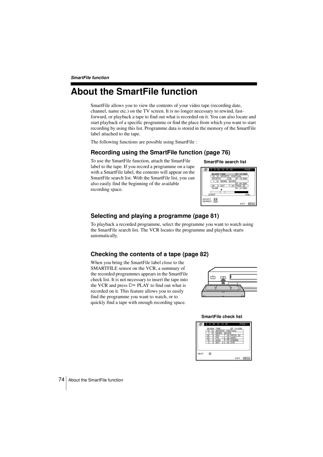 Sony SLV-SF950N About the SmartFile function, Recording using the SmartFile function, Selecting and playing a programme 