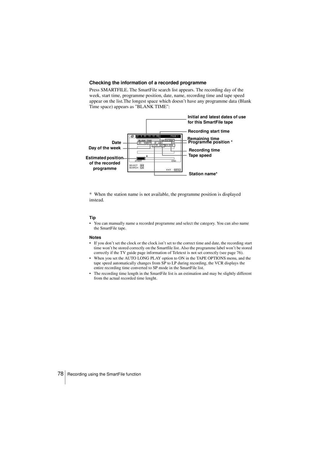 Sony SLV-SF950N manual Checking the information of a recorded programme, Recording time Tape speed Station name 