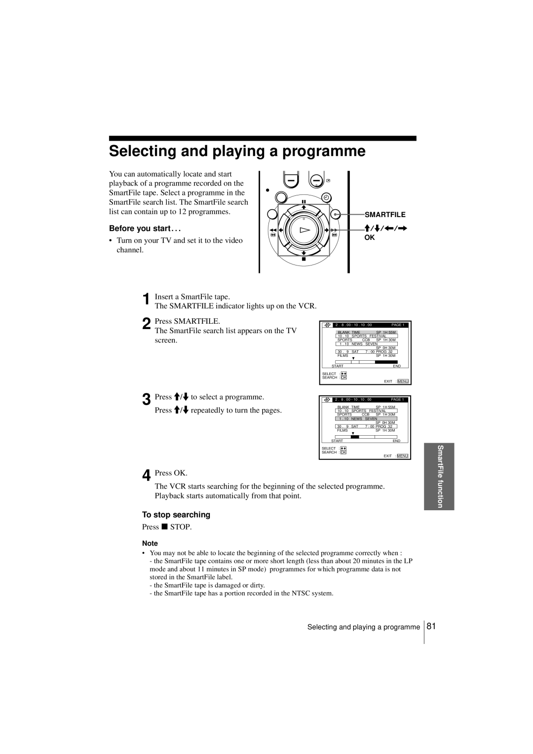 Sony SLV-SF950N manual Selecting and playing a programme, To stop searching 