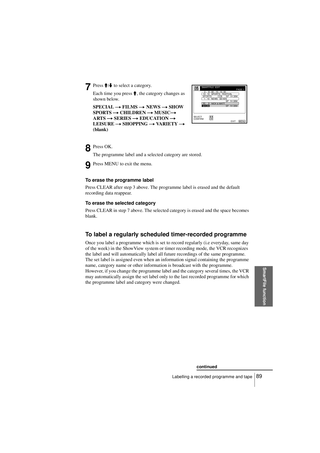 Sony SLV-SF950N manual To label a regularly scheduled timer-recorded programme, To erase the programme label 