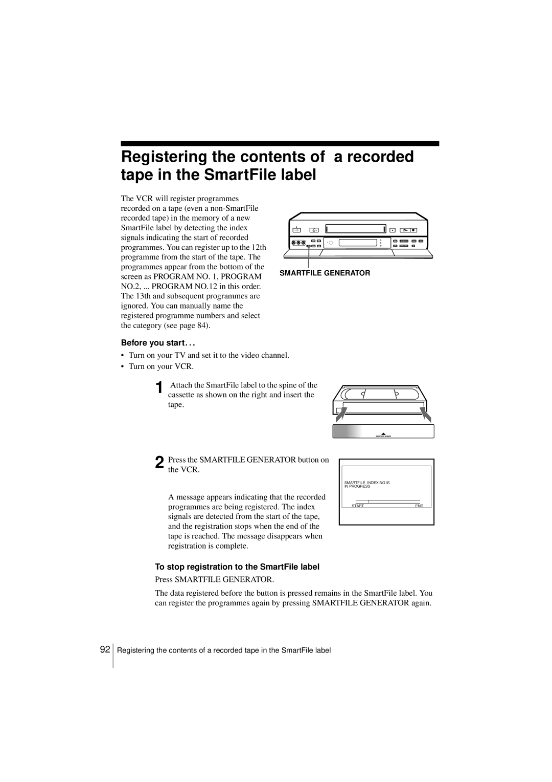 Sony SLV-SF950N Screen as Program no , Program, To stop registration to the SmartFile label, Press Smartfile Generator 