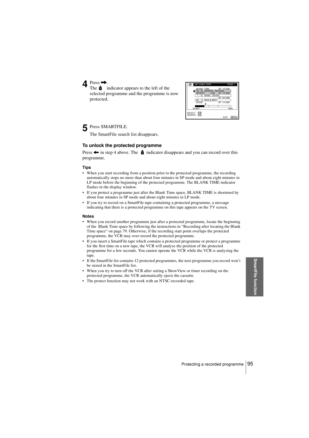 Sony SLV-SF950N manual Press Smartfile SmartFile search list disappears, To unlock the protected programme 