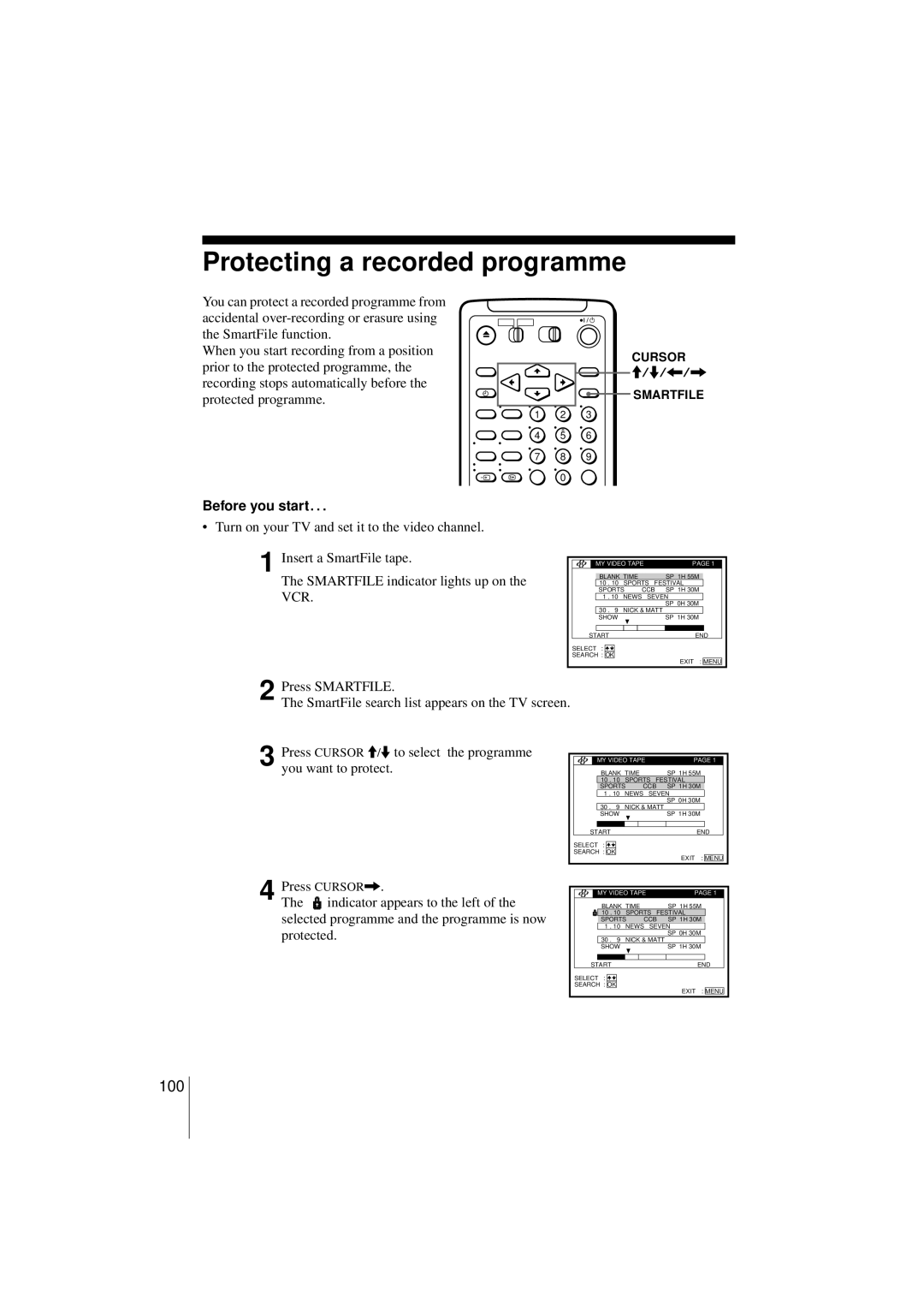 Sony SLV-SF990G manual Protecting a recorded programme, 100 