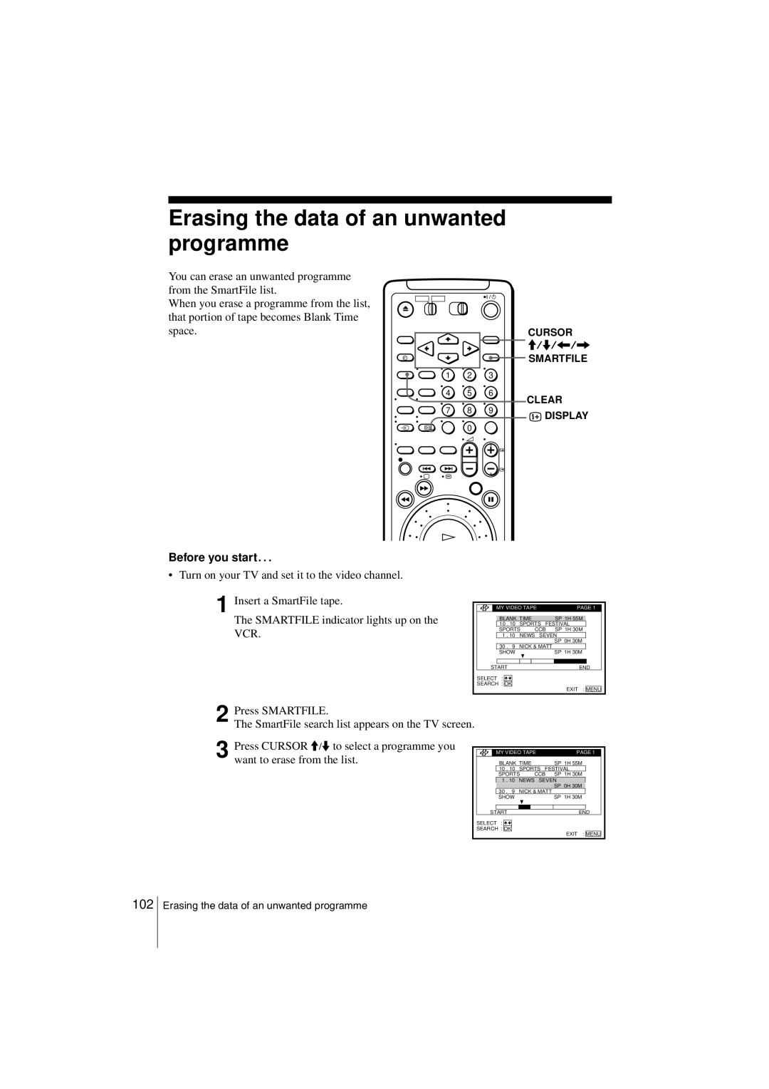 Sony SLV-SF990G manual Erasing the data of an unwanted programme, 102 