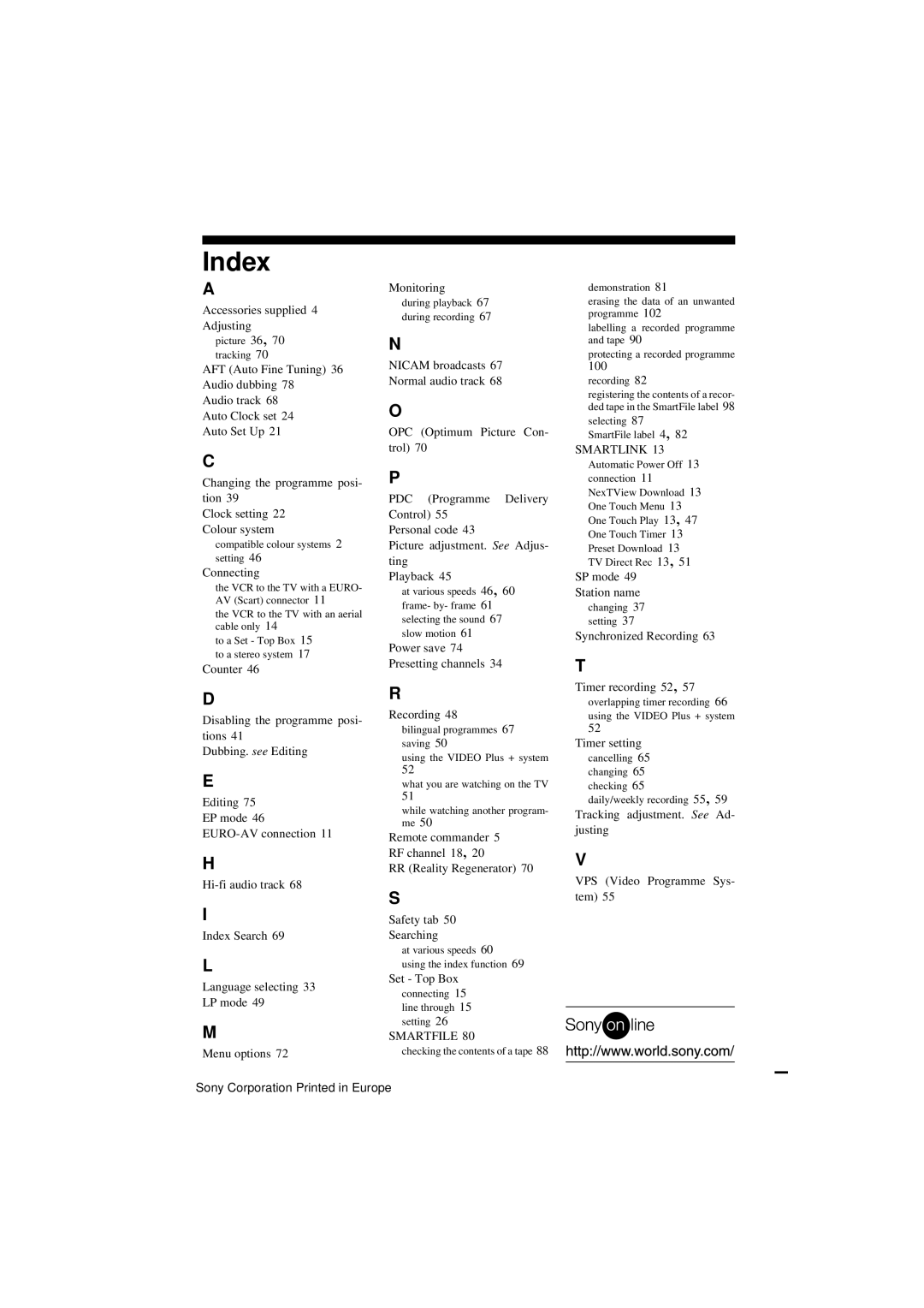 Sony SLV-SF990G manual Index, Smartfile 