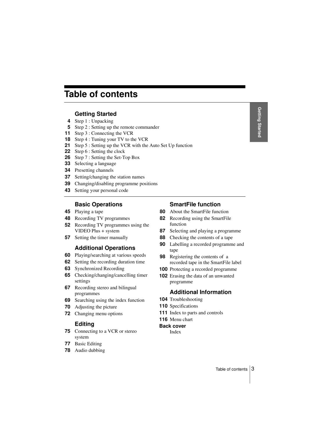 Sony SLV-SF990G manual Table of contents 