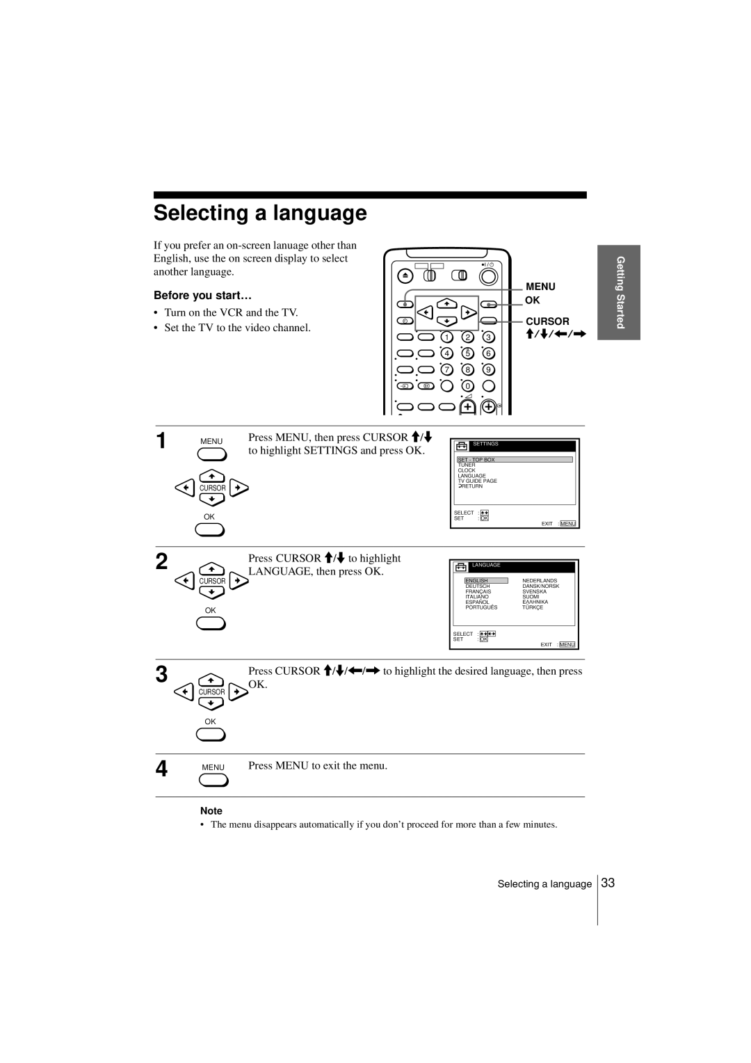 Sony SLV-SF990G manual Selecting a language, To highlight Settings and press OK, Press Cursor M/m to highlight 