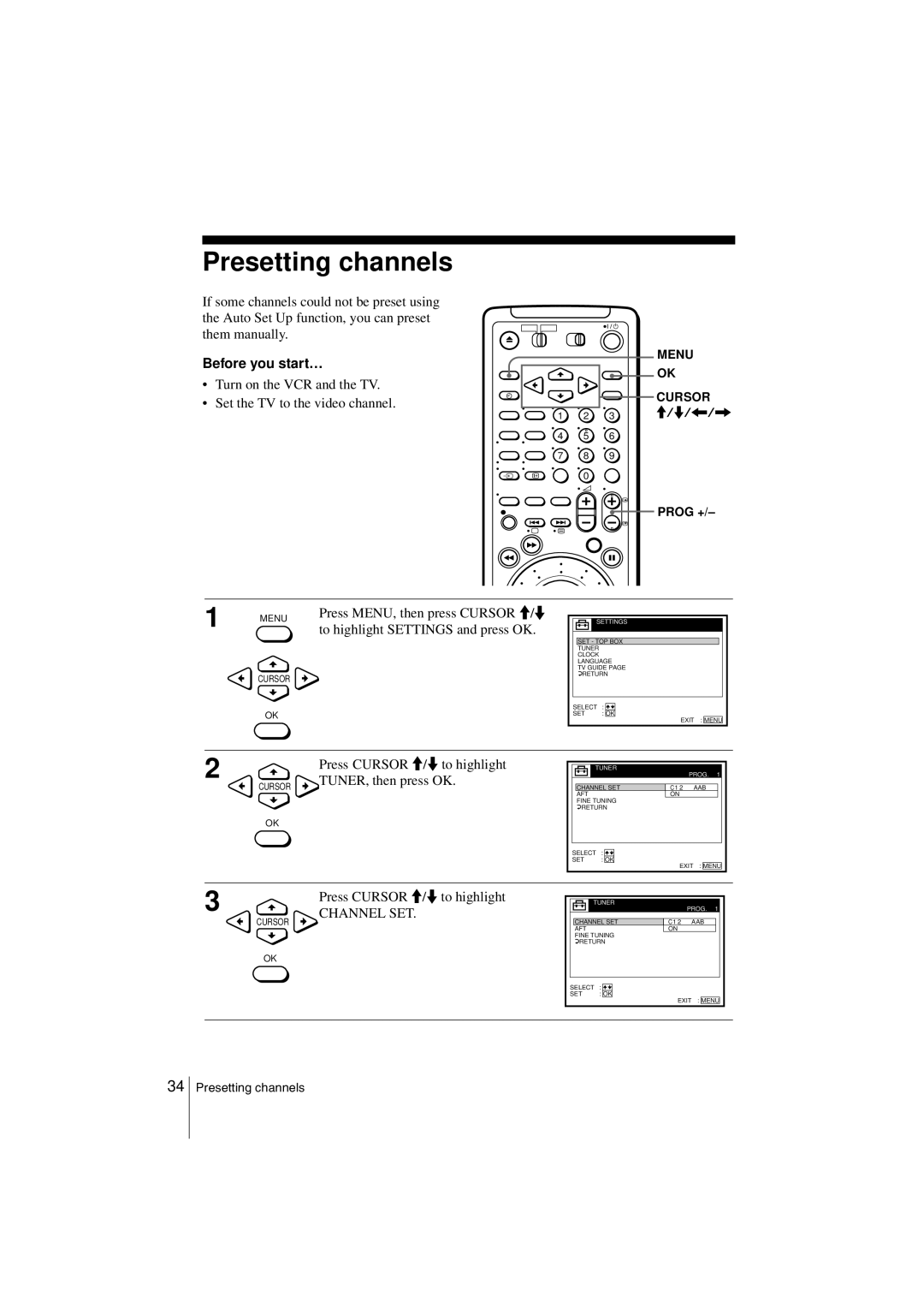 Sony SLV-SF990G manual Presetting channels, Press Cursor M/m to highlight Cursor TUNER, then press OK 