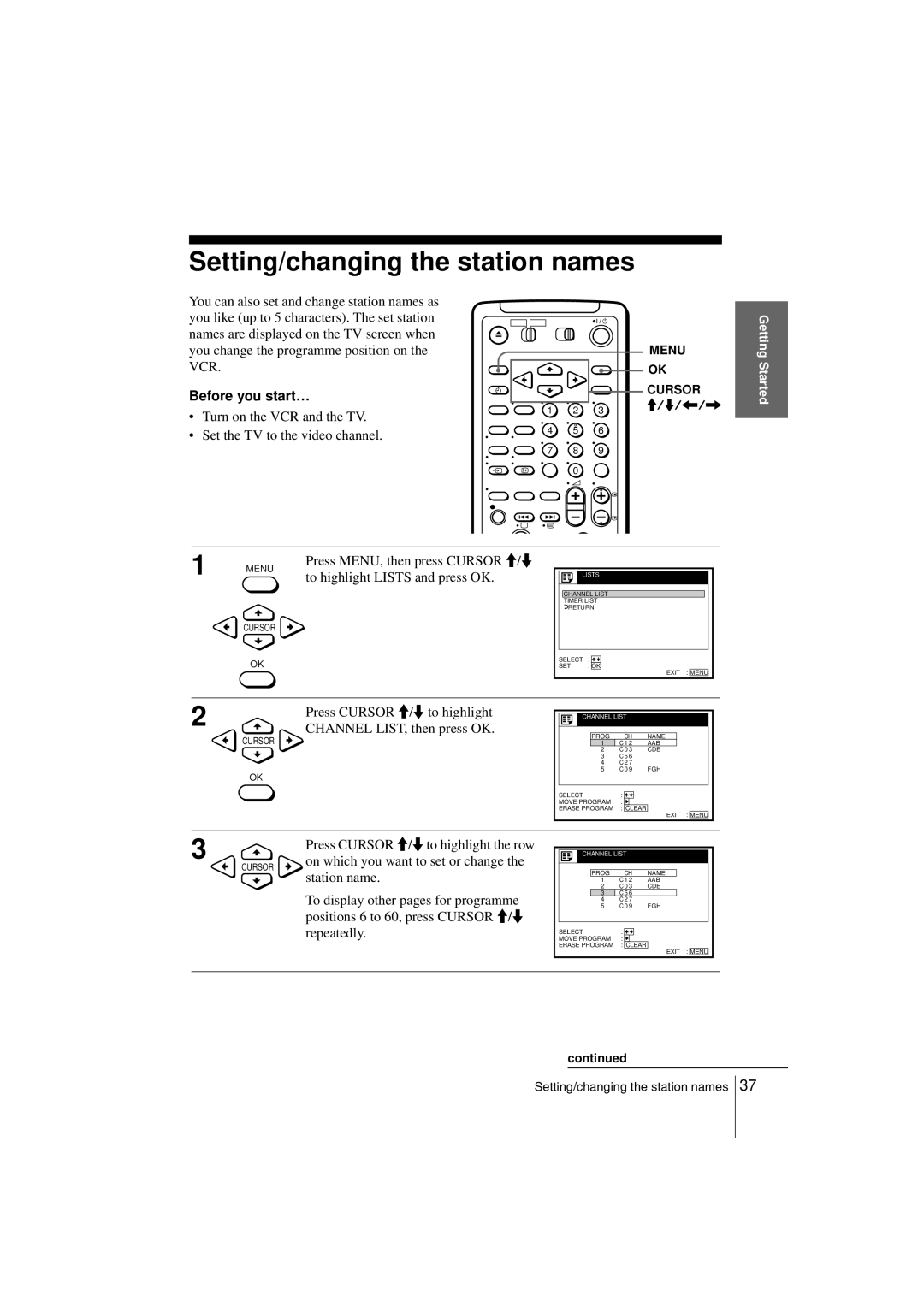 Sony SLV-SF990G Setting/changing the station names, Press MENU, then press Cursor M/m, To highlight Lists and press OK 