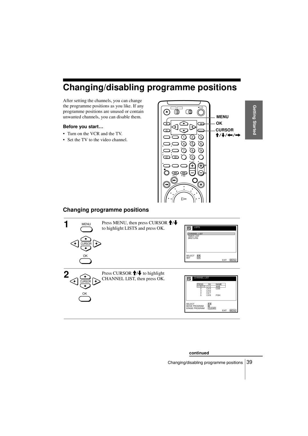 Sony SLV-SF990G manual Changing/disabling programme positions, Changing programme positions 