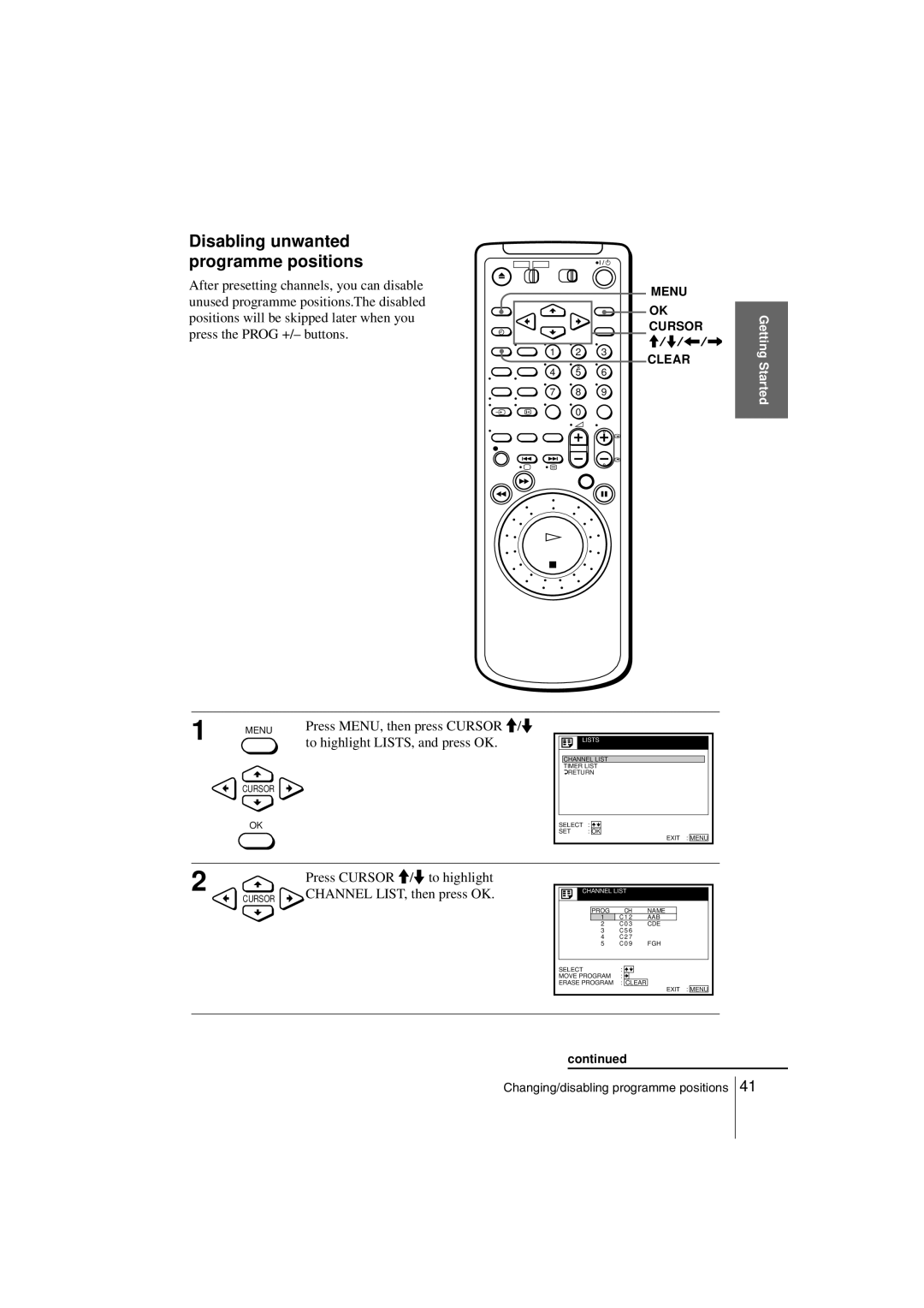 Sony SLV-SF990G manual Disabling unwanted programme positions, To highlight LISTS, and press OK 