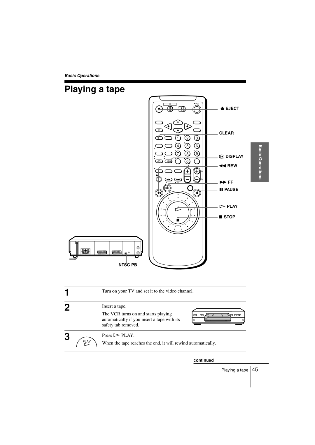 Sony SLV-SF990G manual Playing a tape, When the tape reaches the end, it will rewind automatically, Rew, Stop 