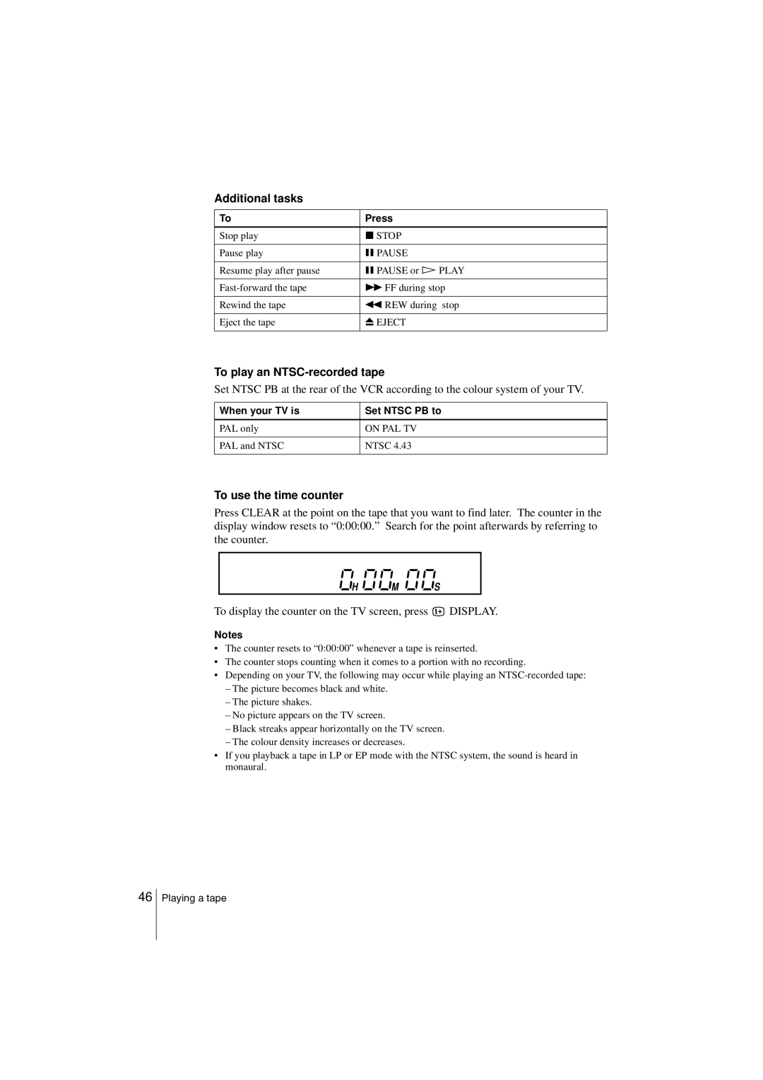 Sony SLV-SF990G Additional tasks, To play an NTSC-recorded tape, To use the time counter, When your TV is Set Ntsc PB to 