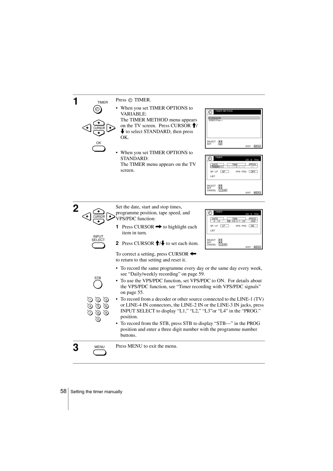 Sony SLV-SF990G manual Standard, Timer menu appears on the TV screen 