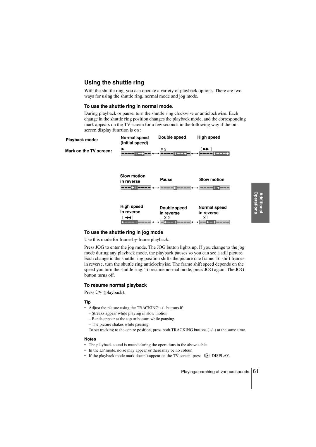 Sony SLV-SF990G manual Using the shuttle ring, To use the shuttle ring in normal mode, To use the shuttle ring in jog mode 