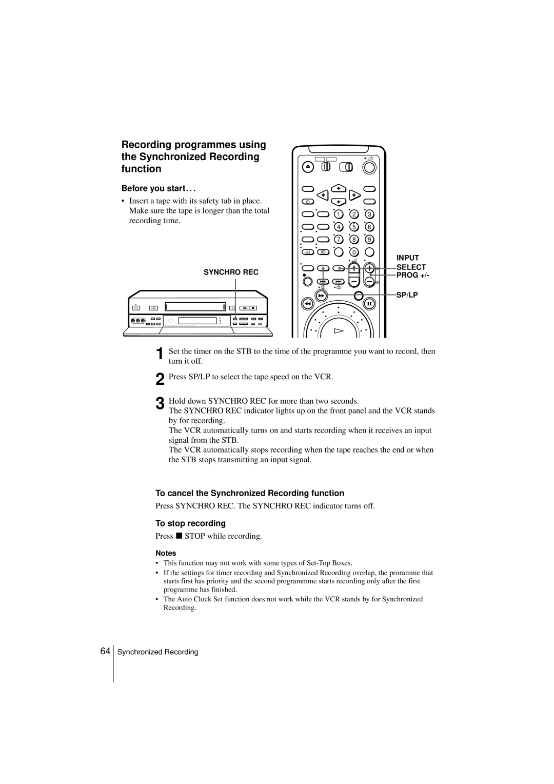 Sony SLV-SF990G To cancel the Synchronized Recording function, Press Synchro REC. The Synchro REC indicator turns off 