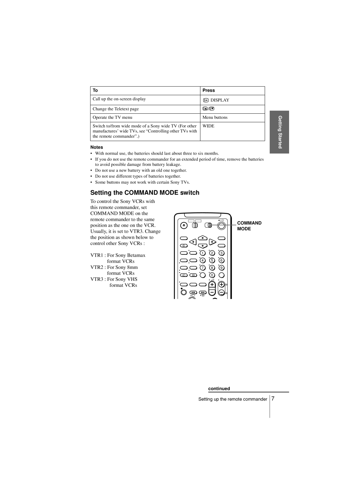 Sony SLV-SF990G manual Setting the Command Mode switch, Display, Wide 