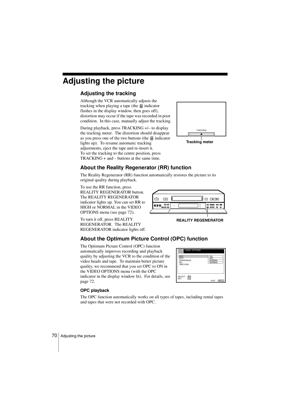 Sony SLV-SF990G Adjusting the picture, Adjusting the tracking, About the Reality Regenerator RR function, OPC playback 