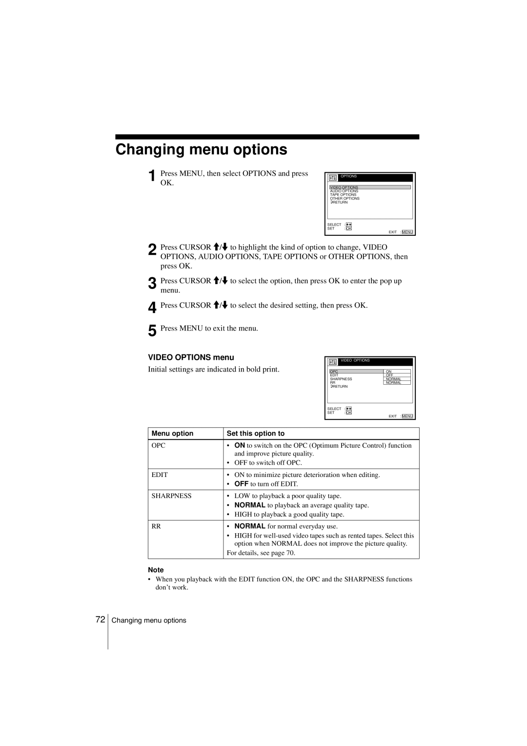 Sony SLV-SF990G manual Changing menu options, PressOK. MENU, then select Options and press, Video Options menu 