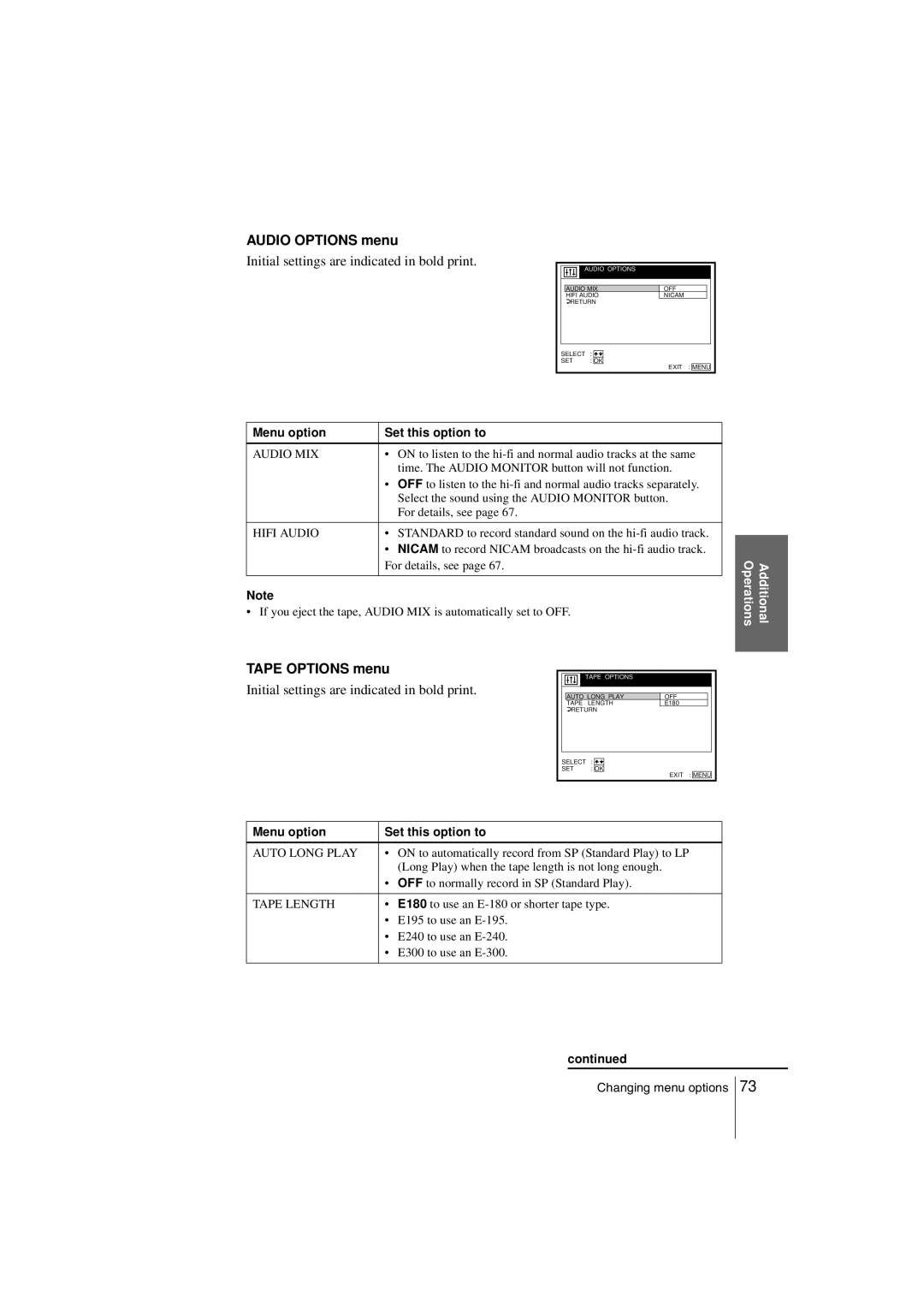 Sony SLV-SF990G manual Audio Options menu, Tape Options menu 