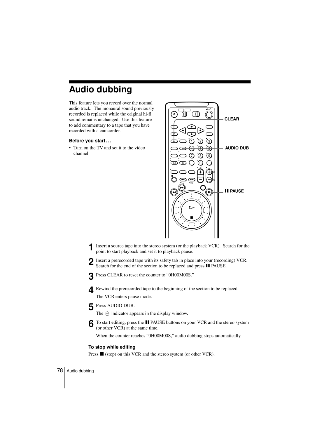 Sony SLV-SF990G manual Audio dubbing, Turn on the TV and set it to the video channel, To stop while editing 