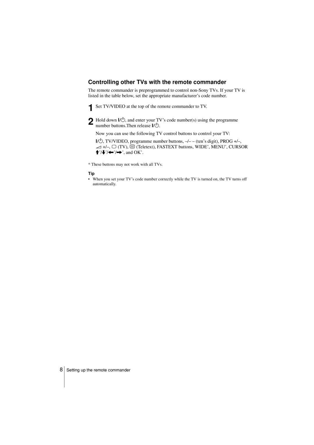 Sony SLV-SF990G manual Controlling other TVs with the remote commander, Tip 